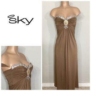 New. SKY tan/brown diamond embellished maxi dress. Normally $268
